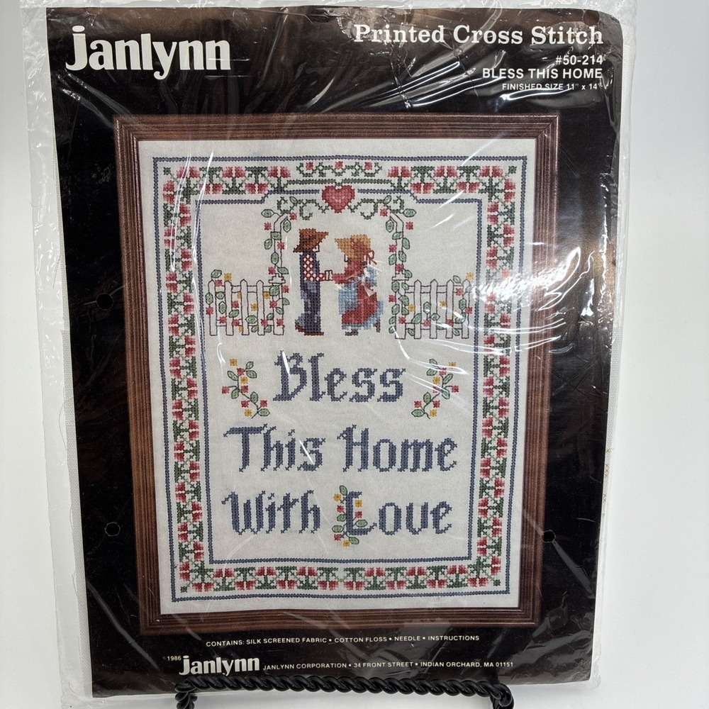 Vintage Janlynn Printed Cross Stitch Kit Bless This Home With Love 50-214 1986